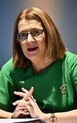 20 February 2024; Camogie Association President, Hilda Breslin speaking during the media update on the integration process involving the Camogie Association, the GAA and LGFA at Croke Park in Dublin. Photo by Sam Barnes/Sportsfile