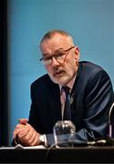 20 February 2024; Uachtarán Chumann Lúthchleas Gael Larry McCarthy speaking during the media update on the integration process involving the Camogie Association, the GAA and LGFA at Croke Park in Dublin. Photo by Sam Barnes/Sportsfile