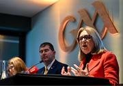 20 February 2024; Steering Committee Chairperson Mary McAleese speaking during the media update on the integration process involving the Camogie Association, the GAA and LGFA at Croke Park in Dublin. Photo by Sam Barnes/Sportsfile