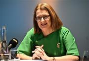 20 February 2024; Camogie Association President, Hilda Breslin speaking during the media update on the integration process involving the Camogie Association, the GAA and LGFA at Croke Park in Dublin. Photo by Sam Barnes/Sportsfile