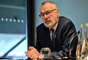 20 February 2024; Uachtarán Chumann Lúthchleas Gael Larry McCarthy speaking during the media update on the integration process involving the Camogie Association, the GAA and LGFA at Croke Park in Dublin. Photo by Sam Barnes/Sportsfile