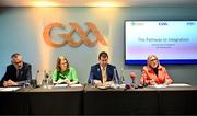 20 February 2024; In attendance during the media update on the integration process involving the Camogie Association, the GAA and LGFA, are, from left, Uachtarán Chumann Lúthchleas Gael Larry McCarthy, Camogie Association President, Hilda Breslin, Uachtarán Cumann Peil Gael na mBan Mícheál Naughton and Steering Committee Chairperson Mary McAleese at Croke Park in Dublin. Photo by Sam Barnes/Sportsfile