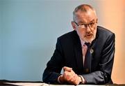 20 February 2024; Uachtarán Chumann Lúthchleas Gael Larry McCarthy speaking during the media update on the integration process involving the Camogie Association, the GAA and LGFA at Croke Park in Dublin. Photo by Sam Barnes/Sportsfile