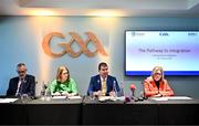 20 February 2024; In attendance during the media update on the integration process involving the Camogie Association, the GAA and LGFA, are, from left, Uachtarán Chumann Lúthchleas Gael Larry McCarthy, Camogie Association President, Hilda Breslin, Uachtarán Cumann Peil Gael na mBan Mícheál Naughton and Steering Committee Chairperson Mary McAleese at Croke Park in Dublin. Photo by Sam Barnes/Sportsfile