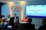 20 February 2024; Steering Committee Chairperson Mary McAleese speaking during the update on the integration process involving the Camogie Association, the GAA and LGFA, at Croke Park in Dublin. Photo by Sam Barnes/Sportsfile