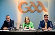 20 February 2024; In attendance during the media update on the integration process involving the Camogie Association, the GAA and LGFA, are, from left, Uachtarán Chumann Lúthchleas Gael Larry McCarthy, Camogie Association President, Hilda Breslin and Uachtarán Cumann Peil Gael na mBan Mícheál Naughton at Croke Park in Dublin. Photo by Sam Barnes/Sportsfile