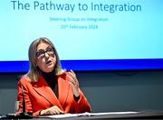 20 February 2024; Steering Committee Chairperson Mary McAleese speaking during the update on the integration process involving the Camogie Association, the GAA and LGFA, at Croke Park in Dublin. Photo by Sam Barnes/Sportsfile