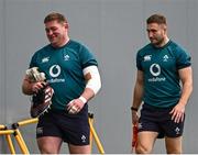 20 February 2024; Tadhg Furlong and Jordan Larmour during Ireland rugby squad training at the IRFU High Performance Centre at the Sport Ireland Campus in Dublin. Photo by Harry Murphy/Sportsfile