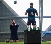 20 February 2024; Rónan Kelleher throws to Joe McCarthy during Ireland rugby squad training at the IRFU High Performance Centre at the Sport Ireland Campus in Dublin. Photo by Harry Murphy/Sportsfile