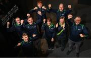 20 February 2024; GAA Museum tour guides, from left, Michael Cronin, Seamus Brady, Philip Bentley, Sean Breslin, Betty O'Dwyer, Annette Coyle, Gerry McGarry, and Martin Healy, at Croke Park in Dublin, celebrating two new awards, Great Place To Work, and CIE Award of Excellence, on International Tour Guide Day. Visit crokepark.ie/gaamuseum for more information. Photo by Ramsey Cardy/Sportsfile