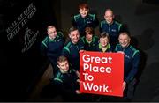 20 February 2024; GAA Museum tour guides, from left, Michael Cronin, Seamus Brady, Philip Bentley, Sean Breslin, Betty O'Dwyer, Annette Coyle, Gerry McGarry, and Martin Healy, at Croke Park in Dublin, celebrating two new awards, Great Place To Work, and CIE Award of Excellence, on International Tour Guide Day. Visit crokepark.ie/gaamuseum for more information. Photo by Ramsey Cardy/Sportsfile