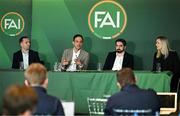 20 February 2024; FAI director of football Marc Canham, second from left, with League of Ireland director Mark Scanlon, left, FAI grassroots director Ger McDermott and FAI director of marketing and communications Louise Cassidy during a media briefing for the FAI's Football Pathways Plan at Aviva Stadium in Dublin. Photo by Stephen McCarthy/Sportsfile