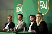 20 February 2024; FAI director of football Marc Canham, second from left, with League of Ireland director Mark Scanlon, left, FAI grassroots director Ger McDermott and FAI director of marketing and communications Louise Cassidy during a media briefing for the FAI's Football Pathways Plan at Aviva Stadium in Dublin. Photo by Stephen McCarthy/Sportsfile