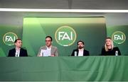 20 February 2024; FAI director of football Marc Canham, second from left, with League of Ireland director Mark Scanlon, left, FAI grassroots director Ger McDermott and FAI director of marketing and communications Louise Cassidy during a media briefing for the FAI's Football Pathways Plan at Aviva Stadium in Dublin. Photo by Stephen McCarthy/Sportsfile