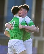 20 February 2024; Daragh O'Dwyer of Gonzaga College, left, celebrates with team-mate Patrick Masterson after scoring their side's first try during the Bank of Ireland Leinster Schools Senior Cup quarter-final match between Gonzaga College and Belvedere College at Energia Park in Dublin. Photo by Tyler Miller/Sportsfile