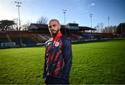 20 February 2024; Mark Coyle poses for a portrait during a Shelbourne media conference at Tolka Park in Dublin. Photo by Ramsey Cardy/Sportsfile