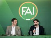20 February 2024; FAI grassroots director Ger McDermott, right, and FAI director of football Marc Canham during a media briefing for the FAI's Football Pathways Plan at Aviva Stadium in Dublin. Photo by Stephen McCarthy/Sportsfile