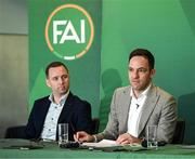 20 February 2024; FAI director of football Marc Canham and League of Ireland director Mark Scanlon, left, during a media briefing for the FAI's Football Pathways Plan at Aviva Stadium in Dublin. Photo by Stephen McCarthy/Sportsfile