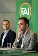 20 February 2024; FAI director of football Marc Canham, right, and League of Ireland director Mark Scanlon during a media briefing for the FAI's Football Pathways Plan at Aviva Stadium in Dublin. Photo by Stephen McCarthy/Sportsfile
