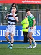 20 February 2024; Daragh O'Dwyer of Gonzaga College celebrates after kicking the winning point as Gordon Barr of Belvedere College reacts during the Bank of Ireland Leinster Schools Senior Cup quarter-final match between Gonzaga College and Belvedere College at Energia Park in Dublin. Photo by Tyler Miller/Sportsfile