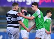 20 February 2024; JP Breslin of Gonzaga College and Ben Merry of Belvedere College after the Bank of Ireland Leinster Schools Senior Cup quarter-final match between Gonzaga College and Belvedere College at Energia Park in Dublin. Photo by Tyler Miller/Sportsfile