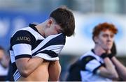 20 February 2024; Marcus McCarthy of Belvedere College reacts after his side's defeat in the Bank of Ireland Leinster Schools Senior Cup quarter-final match between Gonzaga College and Belvedere College at Energia Park in Dublin. Photo by Tyler Miller/Sportsfile