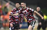 16 February 2024; Michael Duffy, right, and Patrick Hoban of Derry City before the SSE Airtricity Men's Premier Division match between Derry City and Drogheda United at The Ryan McBride Brandywell Stadium in Derry. Photo by Ramsey Cardy/Sportsfile