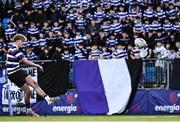 21 February 2024; Caspar Gabriel Lorin of Terenure College kicks a conversion during the Bank of Ireland Leinster Schools Senior Cup quarter-final match between Terenure College and St Michael's College at Energia Park in Dublin. Photo by Harry Murphy/Sportsfile