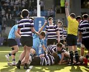 21 February 2024; Ethan Black of St Michael's College celebrates as referee Dermot Blake awards his side's second try during the Bank of Ireland Leinster Schools Senior Cup quarter-final match between Terenure College and St Michael's College at Energia Park in Dublin. Photo by Harry Murphy/Sportsfile