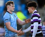 21 February 2024; Billy O'Donohoe of St Michael's College shakes hands with Ethan Balamash of Terenure College after his side's victory in the Bank of Ireland Leinster Schools Senior Cup quarter-final match between Terenure College and St Michael's College at Energia Park in Dublin. Photo by Harry Murphy/Sportsfile