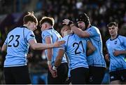 21 February 2024; Chris O'Connor of St Michael's College, 21, celebrates with teammates after scoring his side's fourth try during the Bank of Ireland Leinster Schools Senior Cup quarter-final match between Terenure College and St Michael's College at Energia Park in Dublin. Photo by Harry Murphy/Sportsfile