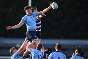 21 February 2024; Sam Corrigan of St Michael's College in action against Luke McNiff of Terenure College during the Bank of Ireland Leinster Schools Senior Cup quarter-final match between Terenure College and St Michael's College at Energia Park in Dublin. Photo by Shauna Clinton/Sportsfile