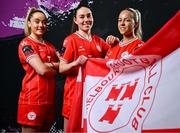 21 February 2024; Players, from left, Nadine Clare, Leah Doyle and Kerri Letmon during a Shelbourne FC squad portraits at Tolka Park in Dublin. Photo by Stephen McCarthy/Sportsfile