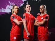 21 February 2024; Players, from left, Nadine Clare, Leah Doyle and Kerri Letmon during a Shelbourne FC squad portraits at Tolka Park in Dublin. Photo by Stephen McCarthy/Sportsfile