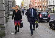 22 February 2024; FAI chief executive Jonathan Hill, right, and FAI independent director Catherine Guy arrive at Dáil Éireann in Dublin ahead of a meeting with the Committee of Public Accounts. Photo by Seb Daly/Sportsfile
