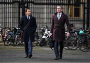 22 February 2024; FAI finance director Dan McCormack, left, and FAI chief operating officer David Courell arrive at Dáil Éireann in Dublin ahead of a meeting with the Committee of Public Accounts. Photo by Seb Daly/Sportsfile