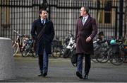 22 February 2024; FAI finance director Dan McCormack, left, and FAI chief operating officer David Courell arrive at Dáil Éireann in Dublin ahead of a meeting with the Committee of Public Accounts. Photo by Seb Daly/Sportsfile