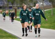 22 February 2024; Jess Fitzgerald, left, and Lily Agg arrive for a Republic of Ireland women training session at Viola Park in Florence, Italy. Photo by David Fitzgerald/Sportsfile
