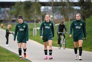 22 February 2024; Republic of Ireland women's players, from left, Lucy Quinn, Jessie Stapleton and Erin McLaughlin arrive to a training session at Viola Park in Florence, Italy. Photo by David Fitzgerald/Sportsfile