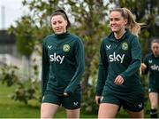 22 February 2024; Republic of Ireland women's players Lucy Quinn, left, and Jessie Stapleton arrive to a training session at Viola Park in Florence, Italy. Photo by David Fitzgerald/Sportsfile