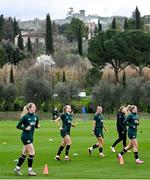 22 February 2024; Republic of Ireland women's players, from left, Megan Connolly, Ruesha Littlejohn, Katie McCabe and Erin McLaughlin during a training session at Viola Park in Florence, Italy. Photo by David Fitzgerald/Sportsfile