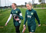22 February 2024; Diane Caldwell, right, and goalkeeper Courtney Brosnan arrive to a Republic of Ireland women training session at Viola Park in Florence, Italy. Photo by David Fitzgerald/Sportsfile