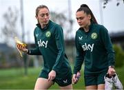 22 February 2024; Megan Connolly, left, and Jess Ziu arrive to a Republic of Ireland women training session at Viola Park in Florence, Italy. Photo by David Fitzgerald/Sportsfile