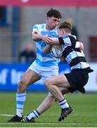 22 February 2024; Raef Donnelly of Cistercian College Roscrea is tackled by Derry Moloney of Blackrock College during the Bank of Ireland Leinster Schools Senior Cup quarter-final match between Cistercian College, Roscrea and Blackrock College at Energia Park in Dublin. Photo by Sam Barnes/Sportsfile