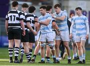 22 February 2024; Blackrock College players Jack Angulo, centre, and Niall Smyth, second from right, shake hands with players from Cistercian College Roscrea after the Bank of Ireland Leinster Schools Senior Cup quarter-final match between Cistercian College, Roscrea and Blackrock College at Energia Park in Dublin. Photo by Sam Barnes/Sportsfile