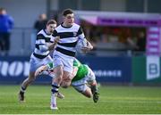 20 February 2024; Hugh Fitzgerald of Belvedere College is tackled by Aidan O'Flanagan of Gonzaga College during the Bank of Ireland Leinster Schools Senior Cup quarter-final match between Gonzaga College and Belvedere College at Energia Park in Dublin. Photo by Tyler Miller/Sportsfile