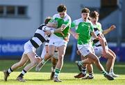 20 February 2024; Aidan O'Flanagan of Gonzaga College is tackled by Matthew Doyle of Belvedere College during the Bank of Ireland Leinster Schools Senior Cup quarter-final match between Gonzaga College and Belvedere College at Energia Park in Dublin. Photo by Tyler Miller/Sportsfile