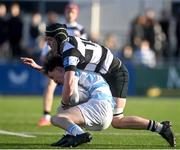 22 February 2024; Brian O'Flaherty of Blackrock College is tackled by Sean Killeen of Cistercian College Roscrea during the Bank of Ireland Leinster Schools Senior Cup quarter-final match between Cistercian College, Roscrea and Blackrock College at Energia Park in Dublin. Photo by Sam Barnes/Sportsfile