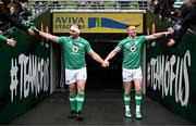 23 February 2023; Oli Jager and Ciarán Frawley walk out during an Ireland rugby captain's run at the Aviva Stadium in Dublin. Photo by Harry Murphy/Sportsfile