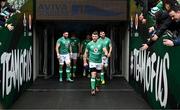 23 February 2024; Ireland captain Peter O’Mahony leads the team out for a Ireland rugby captain's run at the Aviva Stadium in Dublin. Photo by Harry Murphy/Sportsfile